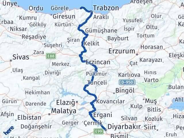 Trabzon Çarşıbaşı Diyarbakır Arası Kaç Km - Yol Haritası