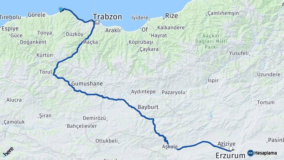 Trabzon Çarşıbaşı Erzurum Arası Kaç Km - Yol Haritası