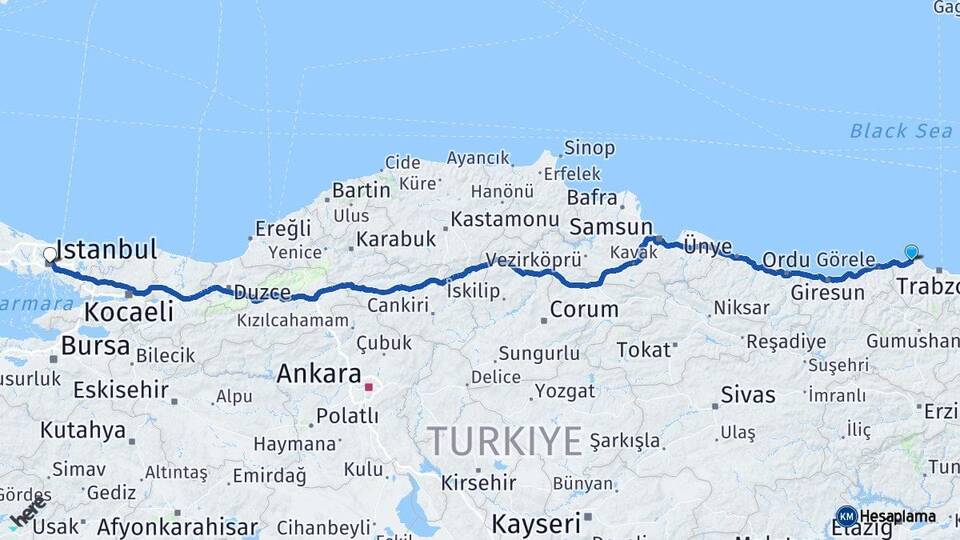 Trabzon Çarşıbaşı İstanbul Arası Kaç Km - Yol Haritası