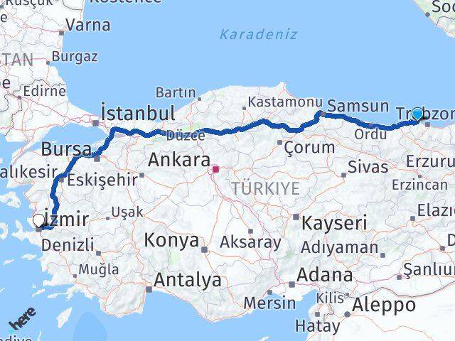 Trabzon Çarşıbaşı İzmir Arası Kaç Km - Yol Haritası
