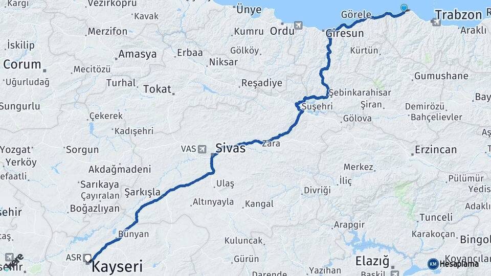Trabzon Çarşıbaşı Kayseri Arası Kaç Km - Yol Haritası