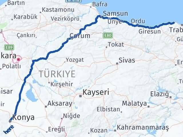 Trabzon Çarşıbaşı Konya Arası Kaç Km - Yol Haritası