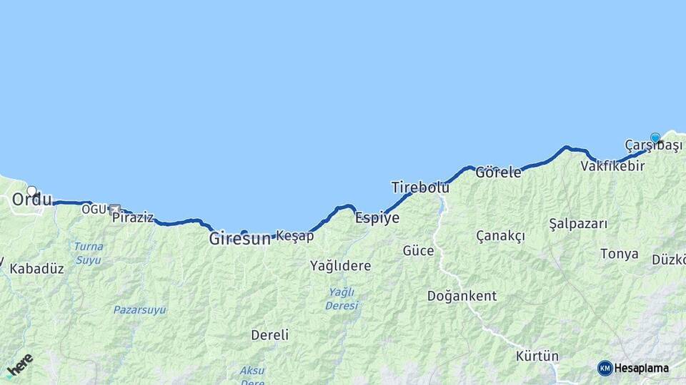 Trabzon Çarşıbaşı Ordu Arası Kaç Km - Yol Haritası
