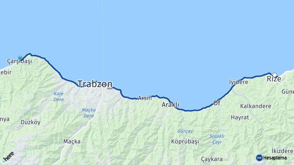Trabzon Çarşıbaşı Rize Arası Kaç Km - Yol Haritası