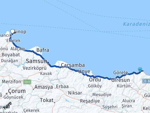 Trabzon Çarşıbaşı Sinop Arası Kaç Km - Yol Haritası