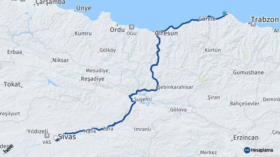 Trabzon Çarşıbaşı Sivas Arası Kaç Km - Yol Haritası