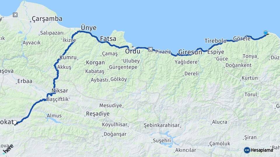 Trabzon Çarşıbaşı Tokat Arası Kaç Km - Yol Haritası