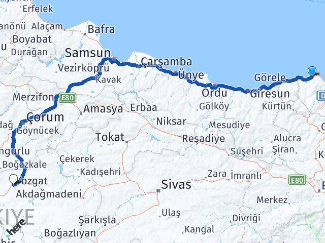 Trabzon Çarşıbaşı Yozgat Arası Kaç Km - Yol Haritası