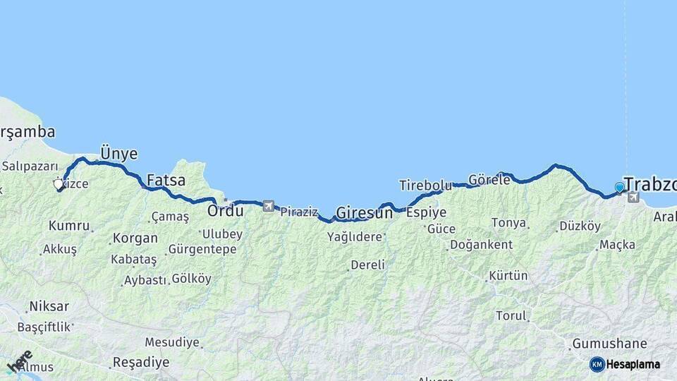 Trabzon Çaybaşı Ordu Arası Kaç Km - Yol Haritası