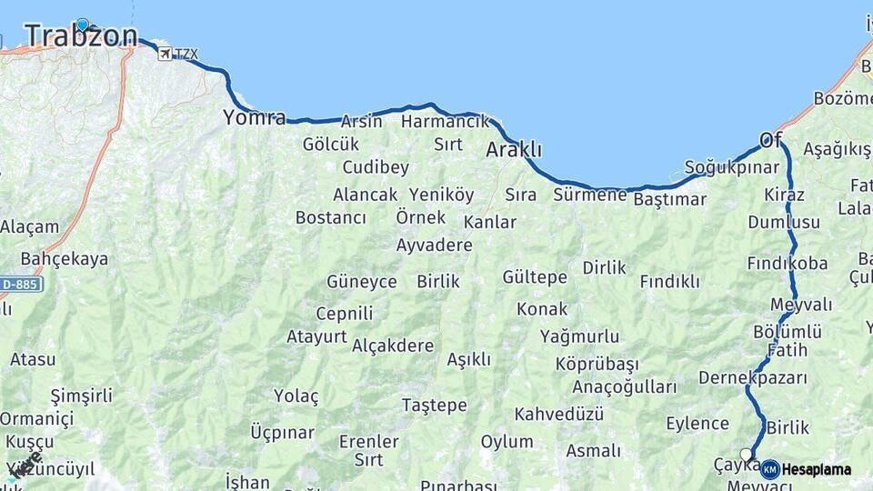 Trabzon Çaykara Arası Kaç Km - Yol Haritası
