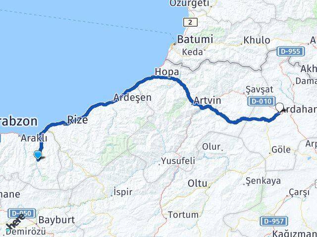 Trabzon Çaykara Ardahan Arası Kaç Km - Yol Haritası