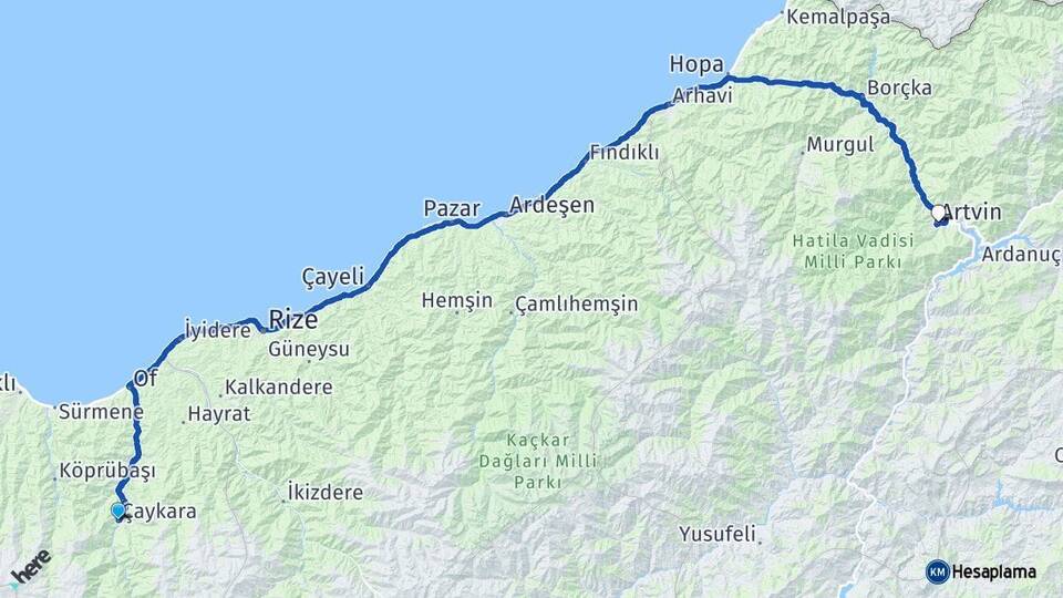 Trabzon Çaykara Artvin Arası Kaç Km - Yol Haritası