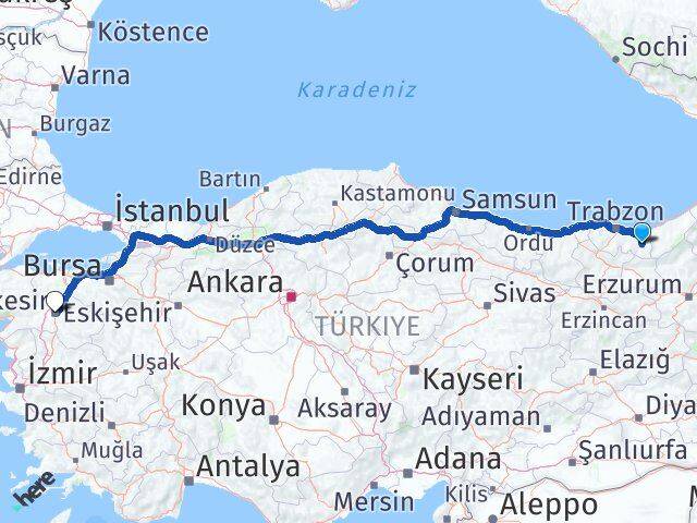 Trabzon Çaykara Balıkesir Arası Kaç Km - Yol Haritası