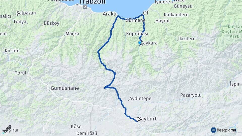 Trabzon Çaykara Bayburt Arası Kaç Km - Yol Haritası