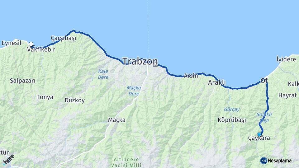 Trabzon Çaykara Beşikdüzü Arası Kaç Km - Yol Haritası
