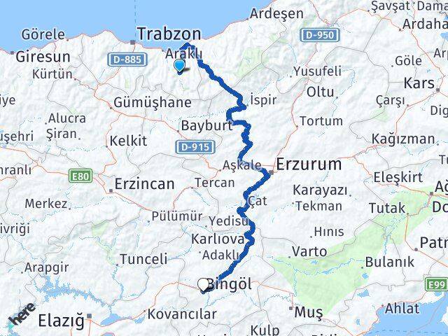 Trabzon Çaykara Bingöl Arası Kaç Km - Yol Haritası