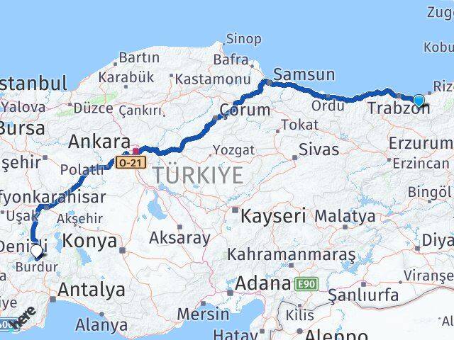 Trabzon Çaykara Burdur Arası Kaç Km - Yol Haritası