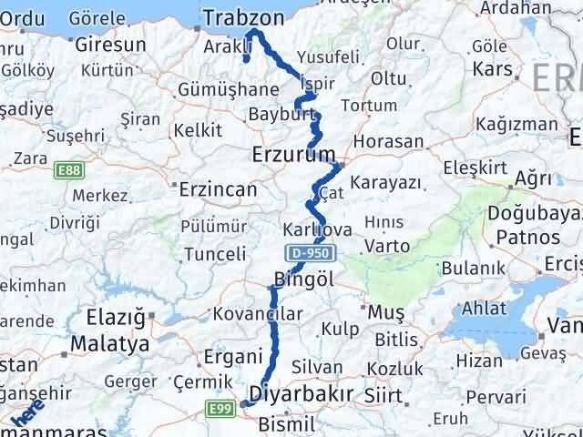 Trabzon Çaykara Diyarbakır Arası Kaç Km - Yol Haritası