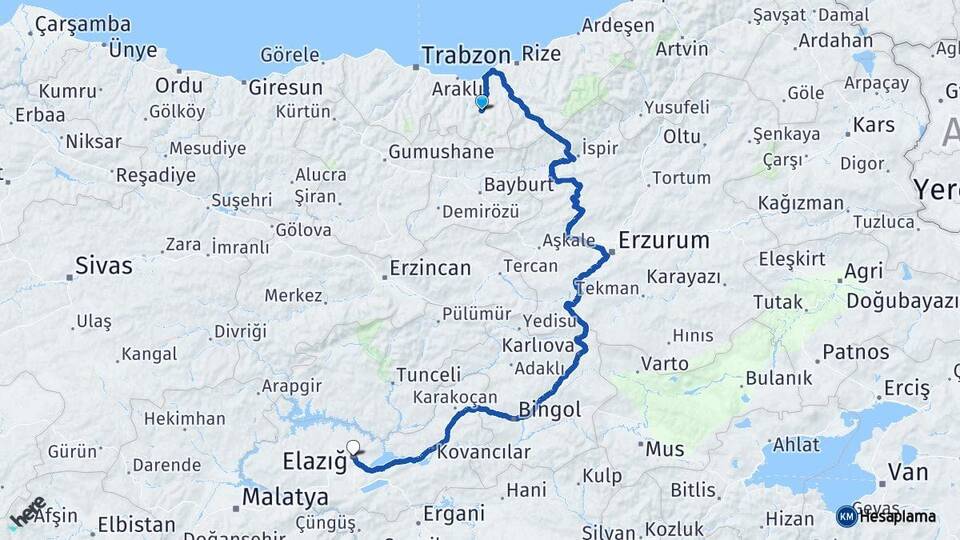 Trabzon Çaykara Elazığ Arası Kaç Km - Yol Haritası