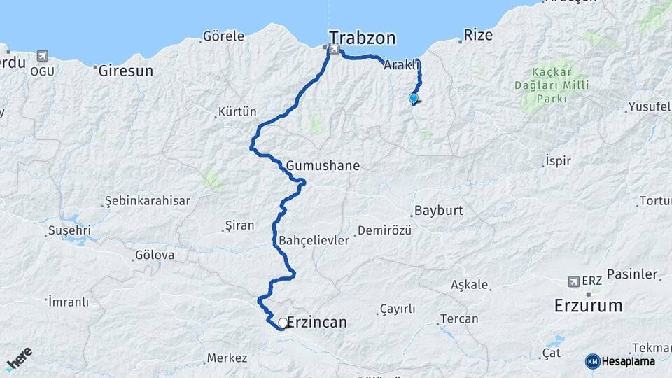 Trabzon Çaykara Erzincan Arası Kaç Km - Yol Haritası