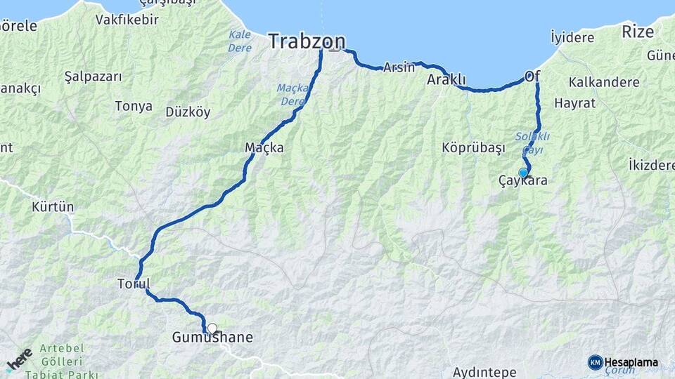 Trabzon Çaykara Gümüşhane Arası Kaç Km - Yol Haritası