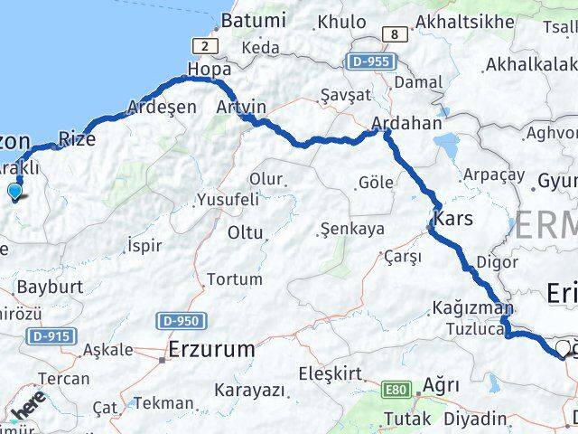 Trabzon Çaykara Iğdır Arası Kaç Km - Yol Haritası