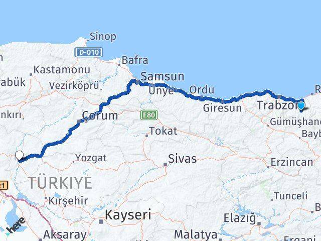 Trabzon Çaykara Kırıkkale Arası Kaç Km - Yol Haritası