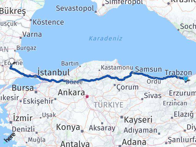 Trabzon Çaykara Kırklareli Arası Kaç Km - Yol Haritası