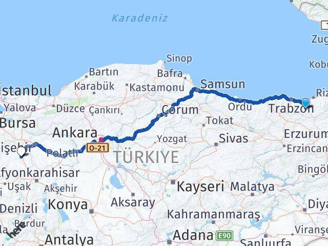 Trabzon Çaykara Kütahya Arası Kaç Km - Yol Haritası