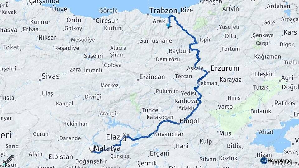 Trabzon Çaykara Malatya Arası Kaç Km - Yol Haritası