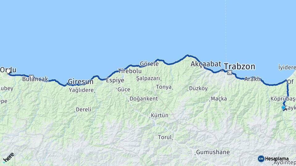 Trabzon Çaykara Ordu Arası Kaç Km - Yol Haritası