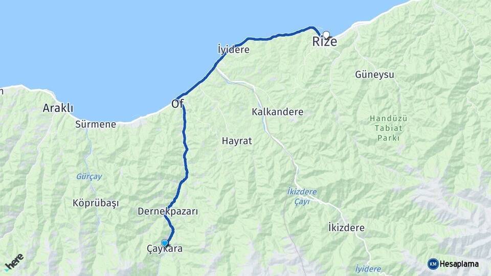 Trabzon Çaykara Rize Arası Kaç Km - Yol Haritası