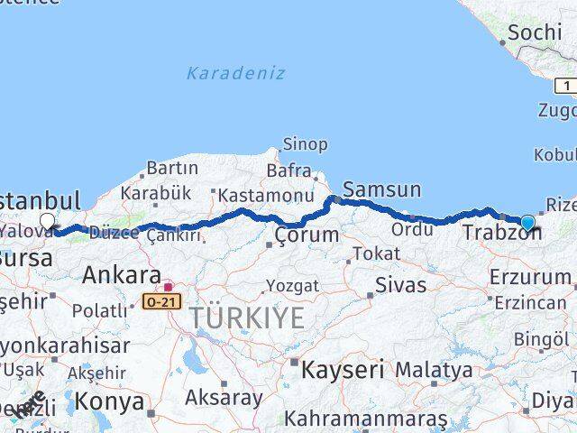 Trabzon Çaykara Sakarya Arası Kaç Km - Yol Haritası