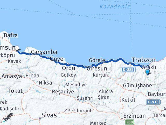 Trabzon Çaykara Samsun Arası Kaç Km - Yol Haritası