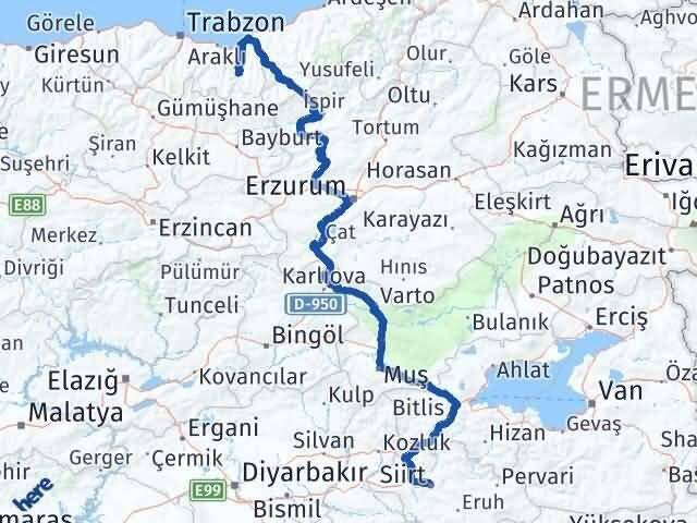 Trabzon Çaykara Siirt Arası Kaç Km - Yol Haritası