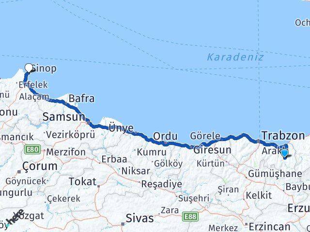 Trabzon Çaykara Sinop Arası Kaç Km - Yol Haritası