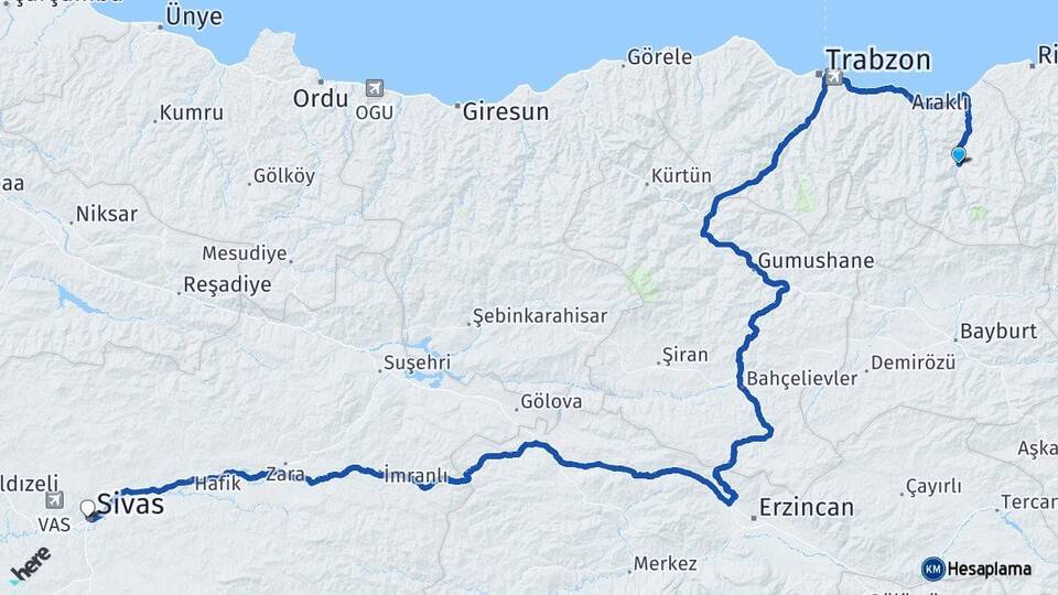 Trabzon Çaykara Sivas Arası Kaç Km - Yol Haritası