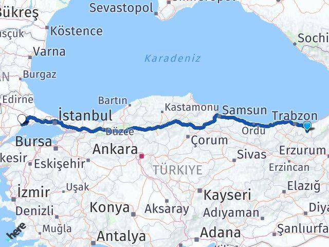 Trabzon Çaykara Tekirdağ Arası Kaç Km - Yol Haritası