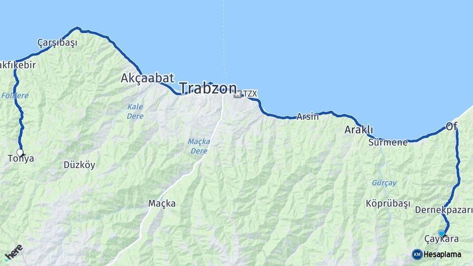 Trabzon Çaykara Tonya Arası Kaç Km - Yol Haritası