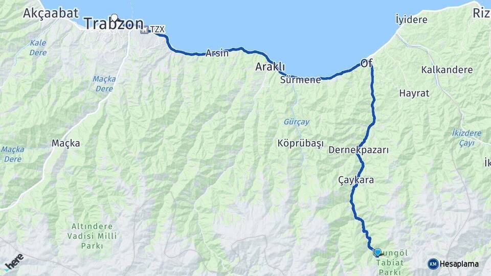 Trabzon Çaykara Uzungöl Arası Kaç Km - Yol Haritası