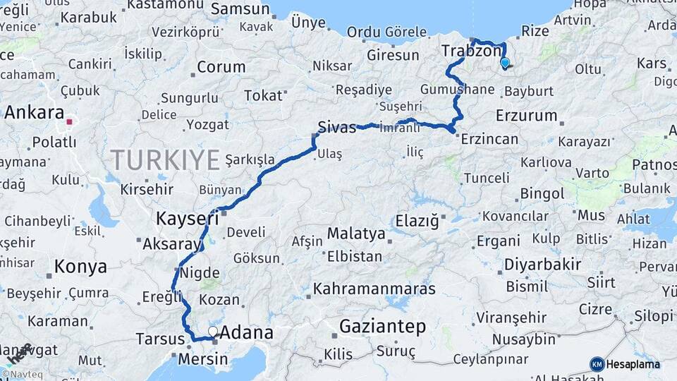 Trabzon Çaykara Uzungöl Çukurova Adana Arası Kaç Km - Yol Haritası