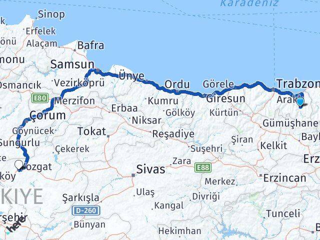 Trabzon Çaykara Yozgat Arası Kaç Km - Yol Haritası