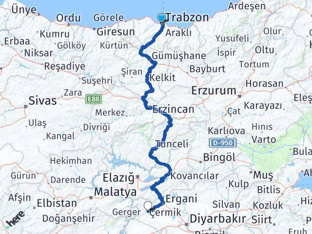 Trabzon Çermik Diyarbakır Arası Kaç Km - Yol Haritası