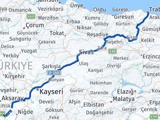 Trabzon Çiftlik Niğde Arası Kaç Km - Yol Haritası