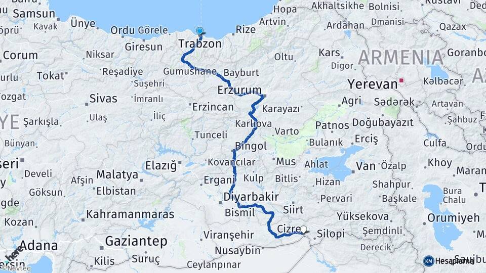 Trabzon Cizre Şırnak Arası Kaç Km - Yol Haritası