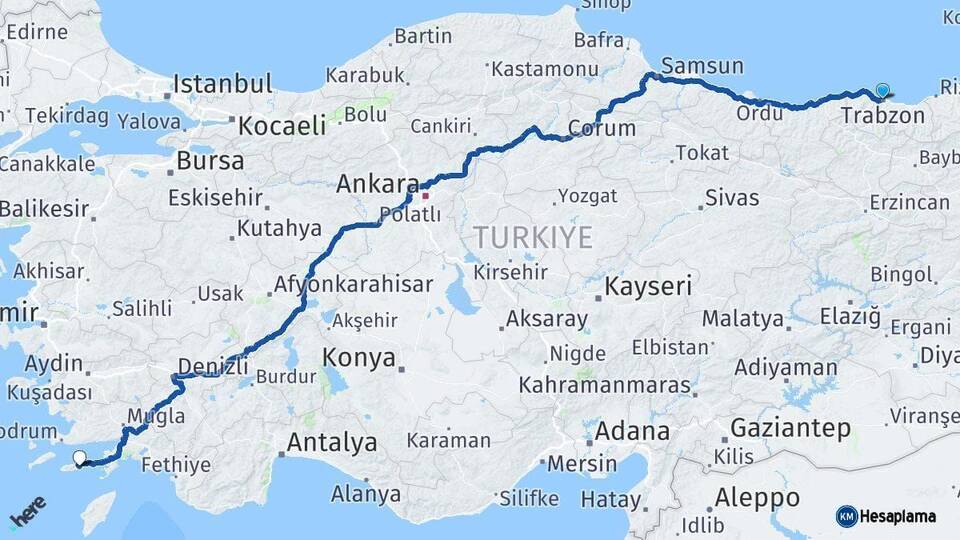 Trabzon Datça Muğla Arası Kaç Km - Yol Haritası