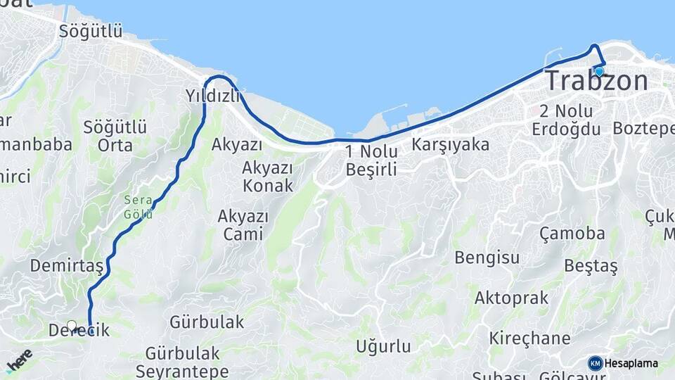 Trabzon Derecik Akçaabat Arası Kaç Km - Yol Haritası
