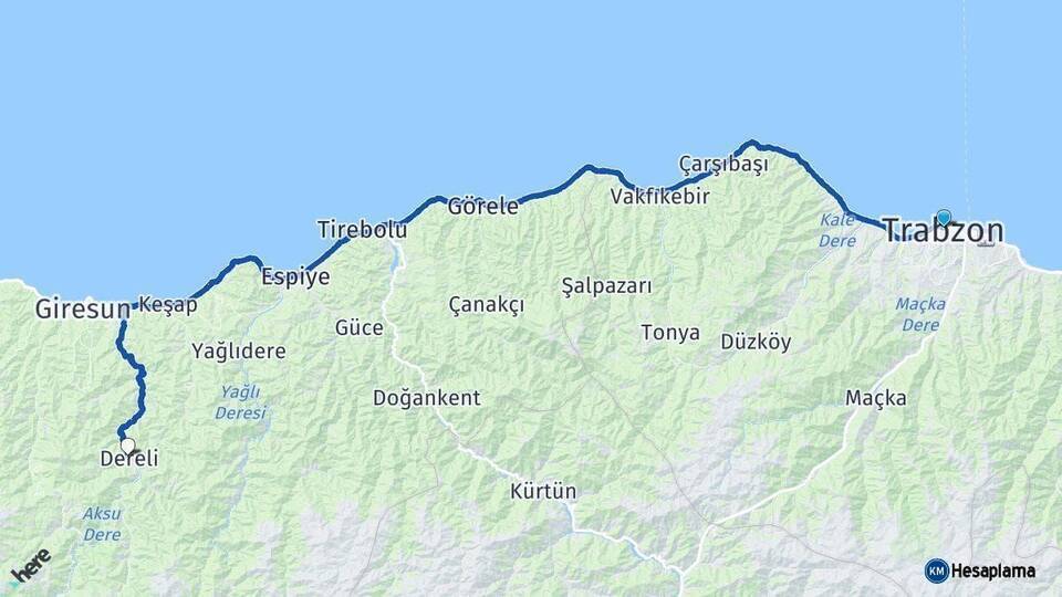 Trabzon Dereli Arası Kaç Km - Yol Tarifi