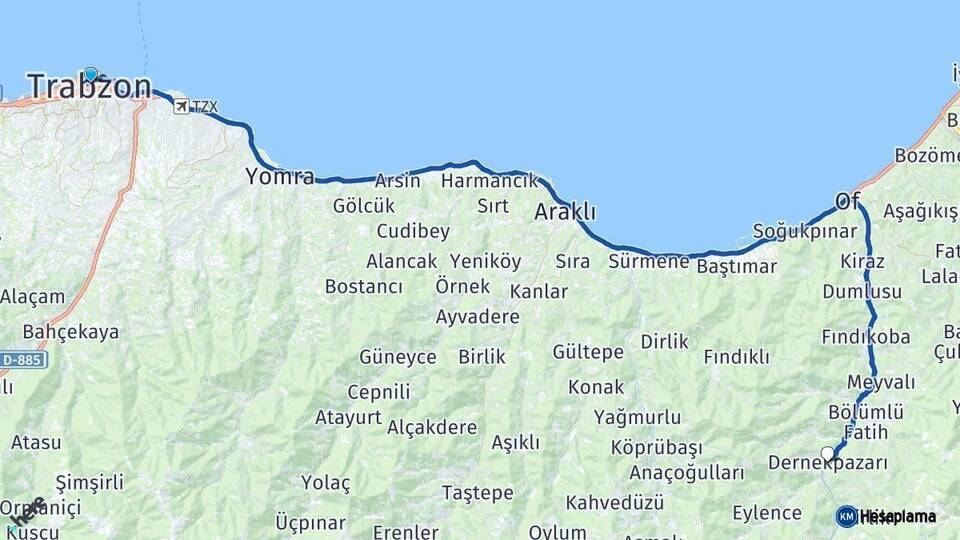 Trabzon Dernekpazarı Arası Kaç Km - Yol Haritası
