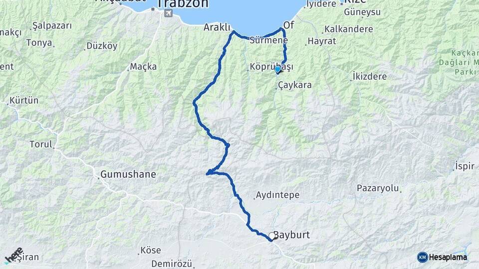 Trabzon Dernekpazarı Bayburt Arası Kaç Km - Yol Haritası